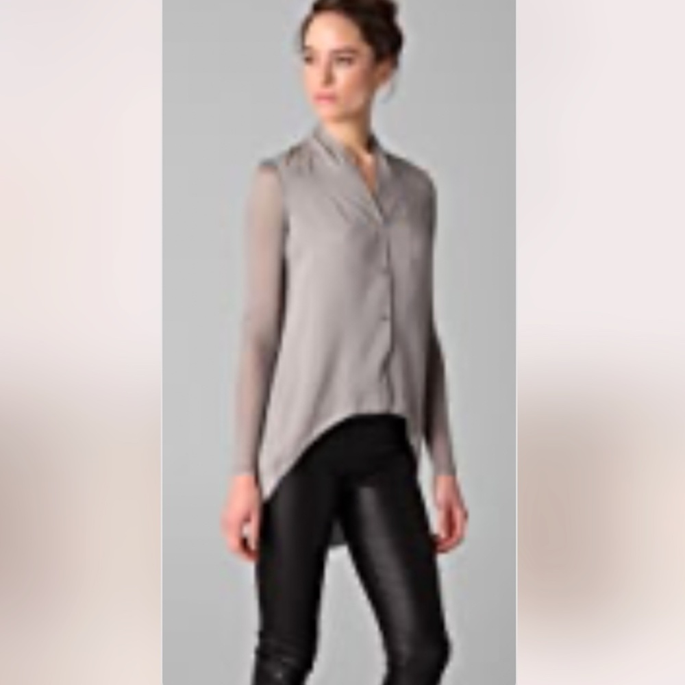 Helmut Lang Gray Long-Sleeve Silk Button-Down Blouse With Semi-Sheer Sleeves